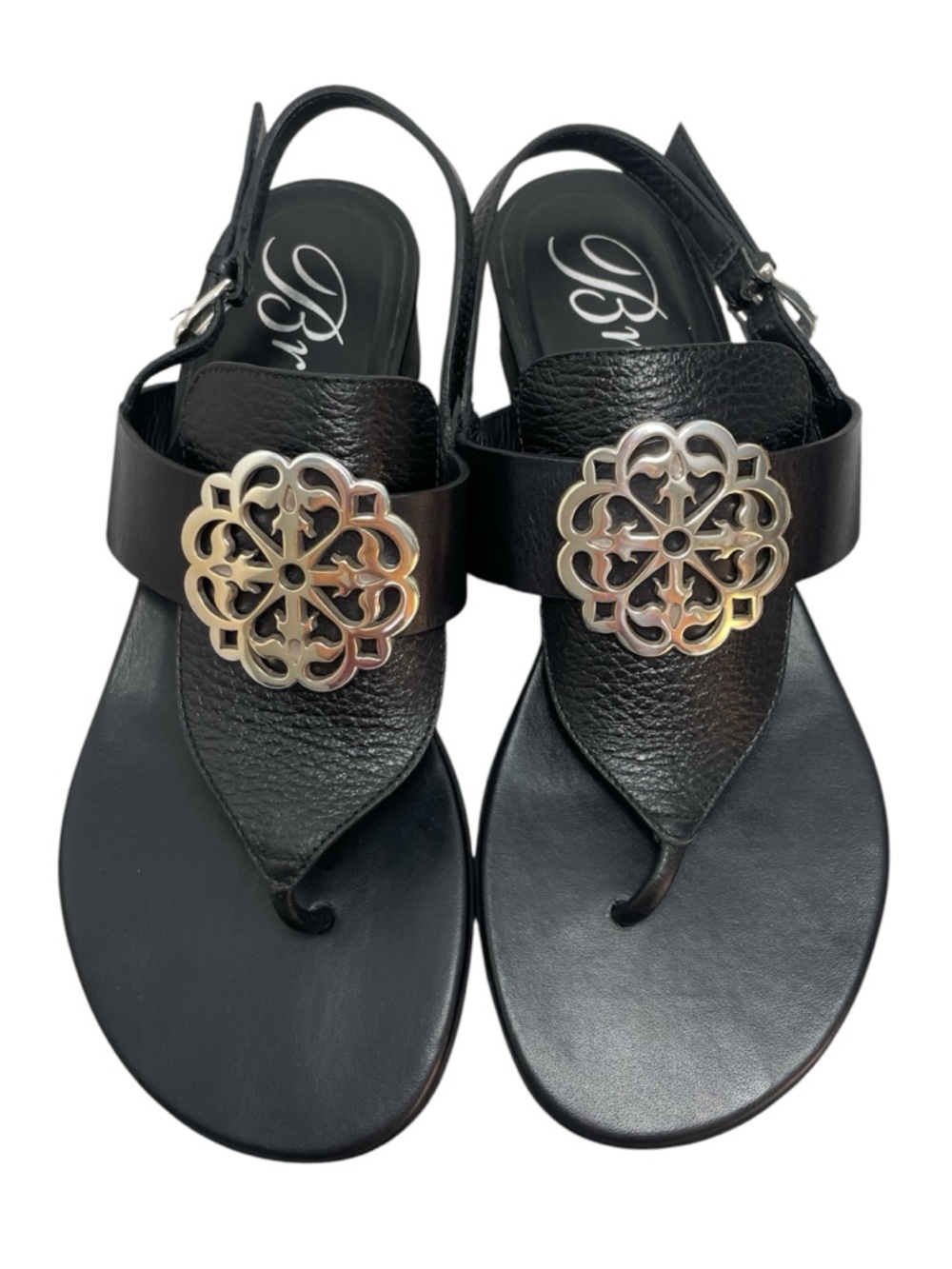 Brighton Alana Ferrara Silver Medallion Black Leather Sandals Size 6.5 M NWOB